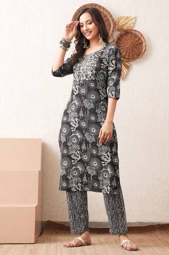 Gold embroidered chikankari  pure cotton black straight kurta pant set