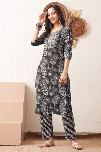 Gold embroidered chikankari  pure cotton black straight kurta pant set