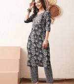 Gold embroidered chikankari  pure cotton black straight kurta pant set