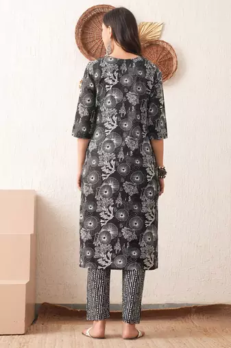 Gold embroidered chikankari  pure cotton black straight kurta pant set