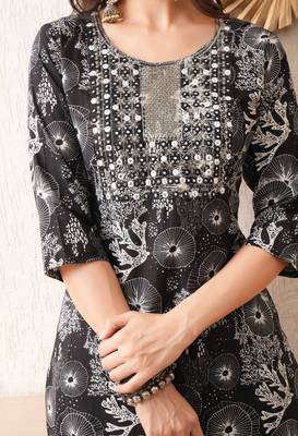 Gold embroidered chikankari  pure cotton black straight kurta pant set 3