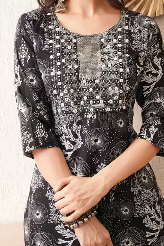 Gold embroidered chikankari  pure cotton black straight kurta pant set