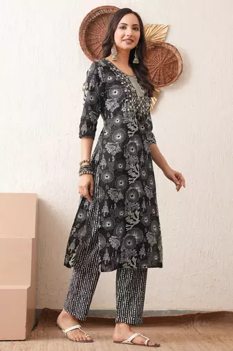 Gold embroidered chikankari  pure cotton black straight kurta pant set