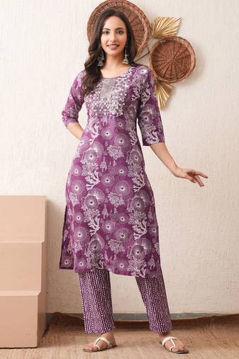Gold embroidered chikankari  pure cotton dark purple straight kurta pant set