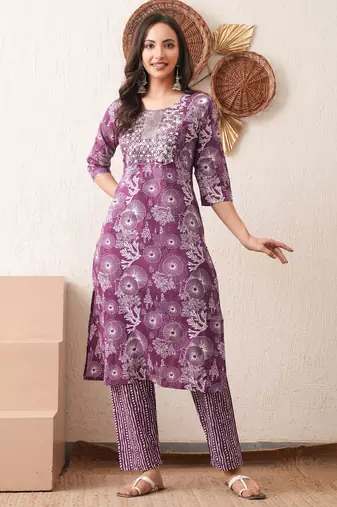 Gold embroidered chikankari  pure cotton dark purple straight kurta pant set