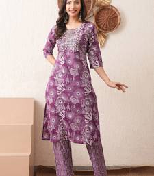 Gold embroidered chikankari  pure cotton dark purple straight kurta pant set