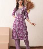 Gold embroidered chikankari  pure cotton dark purple straight kurta pant set