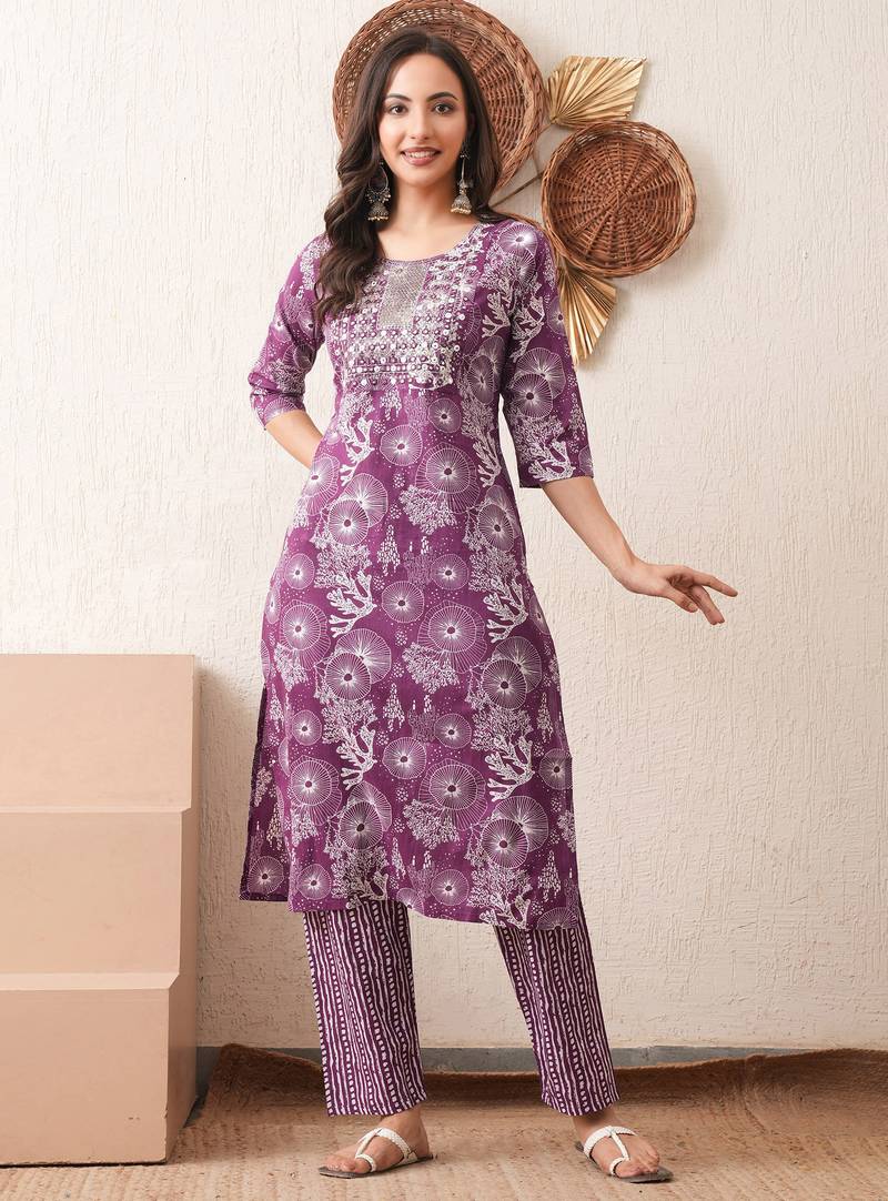 Gold embroidered chikankari  pure cotton dark purple straight kurta pant set
