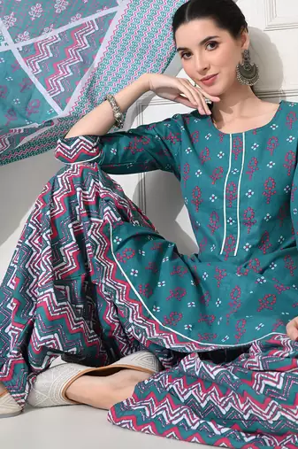 Women printed pure cotton occasional ramagreen straight kurta pant dupatta set