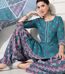Women printed pure cotton occasional ramagreen straight kurta pant dupatta set