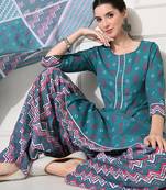 Women printed pure cotton occasional ramagreen straight kurta pant dupatta set