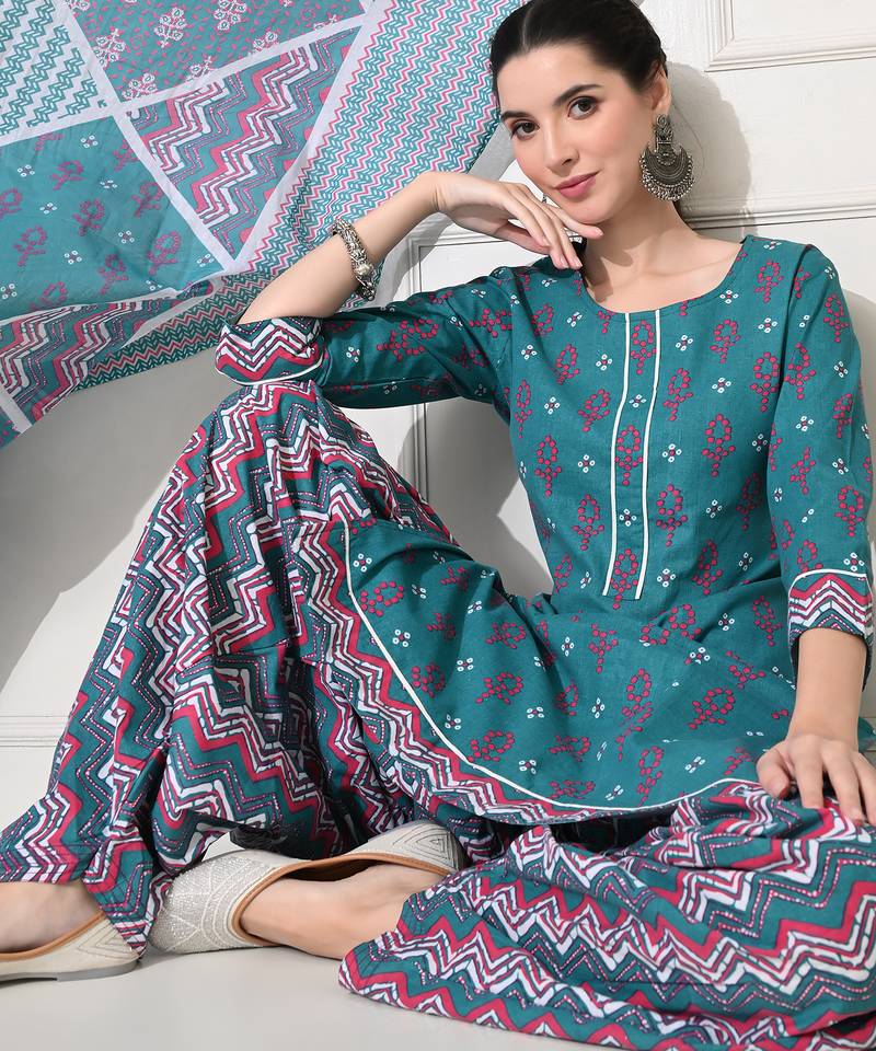 Women printed pure cotton occasional ramagreen straight kurta pant dupatta set