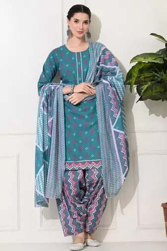 Women printed pure cotton occasional ramagreen straight kurta pant dupatta set