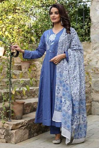 Sky Blue Floral Printed Cotton Anarkali Kurta Set with Dupatta