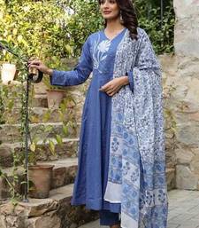 Sky Blue Floral Printed Cotton Anarkali Kurta Set with Dupatta