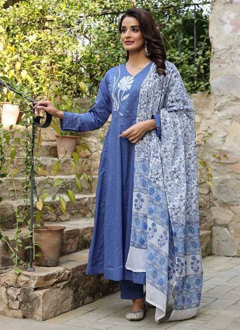 Sky Blue Floral Printed Cotton Anarkali Kurta Set with Dupatta