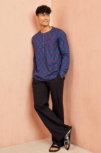 Royal blue cotton kurta pant set - floral print short kurta with black wide leg pants