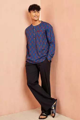 Royal blue cotton kurta pant set - floral print short kurta with black wide leg pants