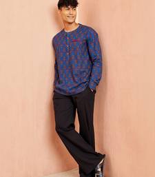 Royal blue cotton kurta pant set - floral print short kurta with black wide leg pants