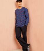 Royal blue cotton kurta pant set - floral print short kurta with black wide leg pants