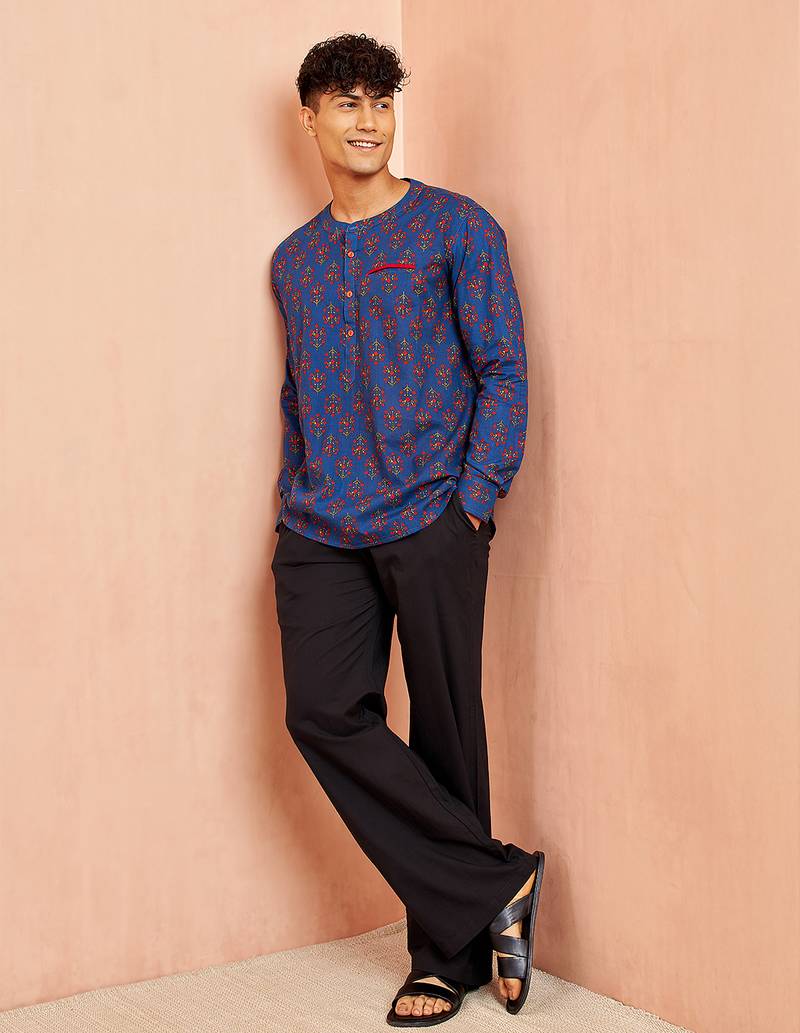 Royal blue cotton kurta pant set - floral print short kurta with black wide leg pants