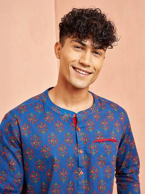 Royal blue cotton kurta pant set - floral print short kurta with black wide leg pants 2