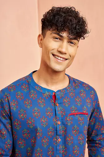 Royal blue cotton kurta pant set - floral print short kurta with black wide leg pants