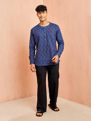 Royal blue cotton kurta pant set - floral print short kurta with black wide leg pants 3