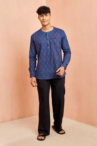 Royal blue cotton kurta pant set - floral print short kurta with black wide leg pants