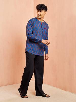 Royal blue cotton kurta pant set - floral print short kurta with black wide leg pants 4