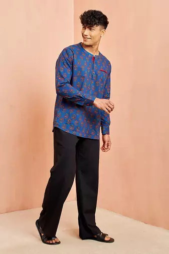 Royal blue cotton kurta pant set - floral print short kurta with black wide leg pants