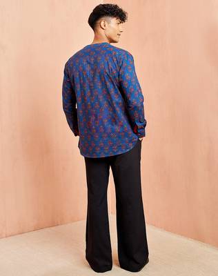 Royal blue cotton kurta pant set - floral print short kurta with black wide leg pants 5