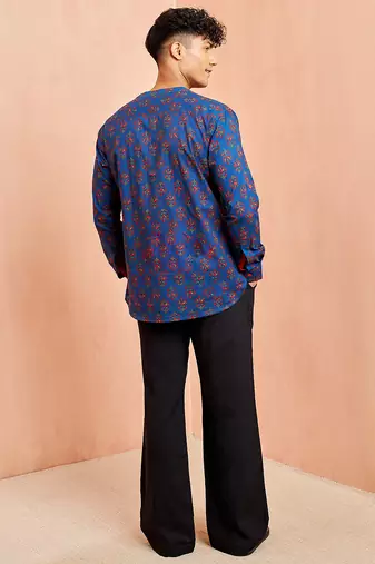 Royal blue cotton kurta pant set - floral print short kurta with black wide leg pants