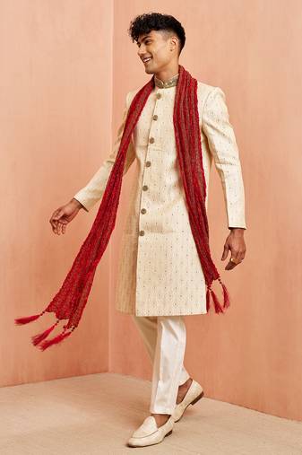Cream 3-piece jacquard sherwani pyjama dupatta set - cutdana embroidery wedding wear