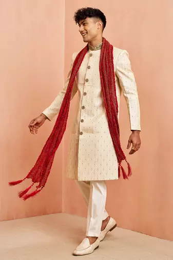 Cream 3-piece jacquard sherwani pyjama dupatta set - cutdana embroidery wedding wear