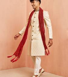 Cream 3-piece jacquard sherwani pyjama dupatta set - cutdana embroidery wedding wear