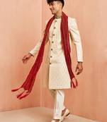 Cream 3-piece jacquard sherwani pyjama dupatta set - cutdana embroidery wedding wear