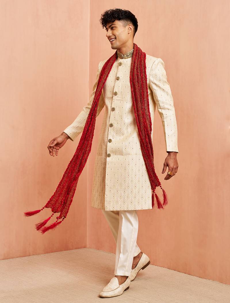 Cream 3-piece jacquard sherwani pyjama dupatta set - cutdana embroidery wedding wear