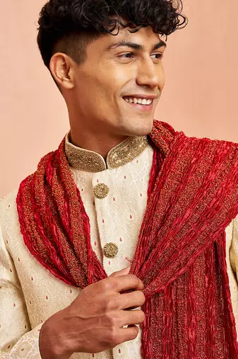 Cream 3-piece jacquard sherwani pyjama dupatta set - cutdana embroidery wedding wear