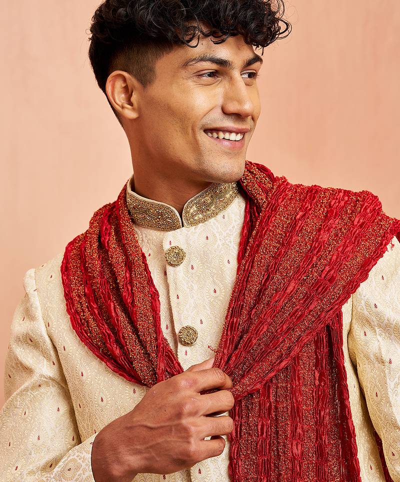 Cream 3-piece jacquard sherwani pyjama dupatta set - cutdana embroidery wedding wear