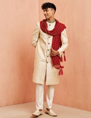 Cream 3-piece jacquard sherwani pyjama dupatta set - cutdana embroidery wedding wear 3