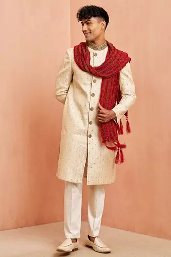 Cream 3-piece jacquard sherwani pyjama dupatta set - cutdana embroidery wedding wear