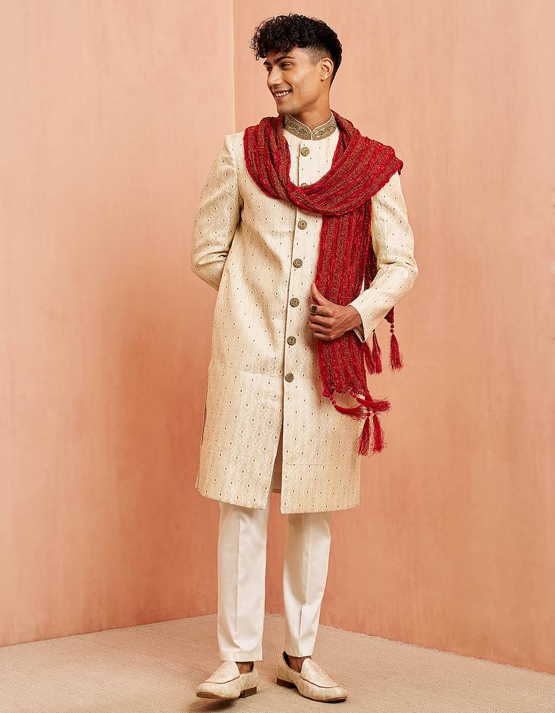 Cream 3-piece jacquard sherwani pyjama dupatta set - cutdana embroidery wedding wear