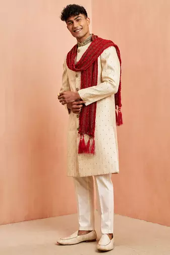 Cream 3-piece jacquard sherwani pyjama dupatta set - cutdana embroidery wedding wear