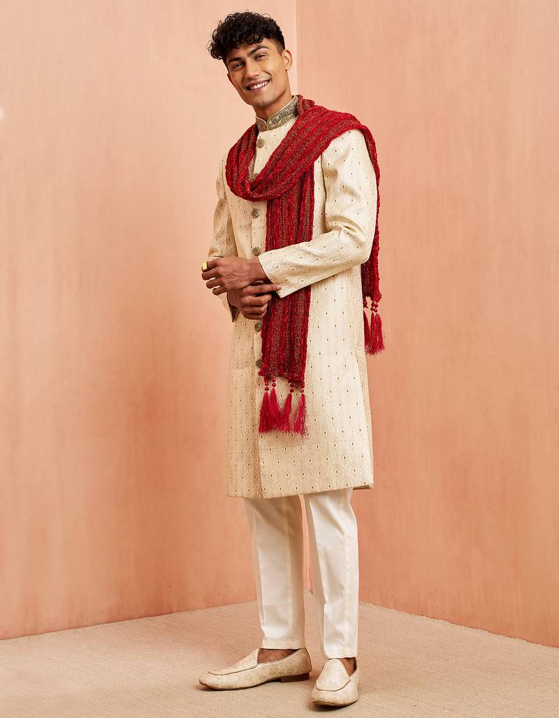Cream 3-piece jacquard sherwani pyjama dupatta set - cutdana embroidery wedding wear