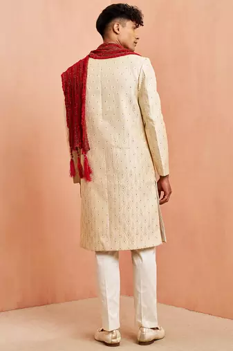 Cream 3-piece jacquard sherwani pyjama dupatta set - cutdana embroidery wedding wear