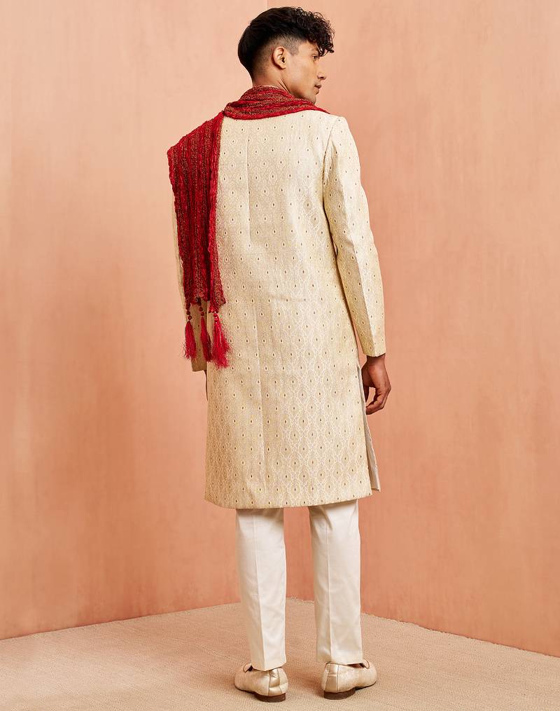 Cream 3-piece jacquard sherwani pyjama dupatta set - cutdana embroidery wedding wear