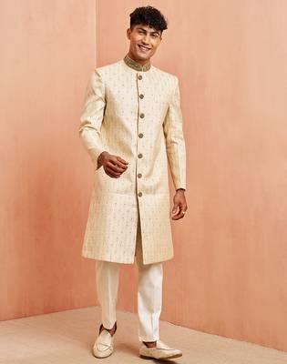 Cream maroon jacquard sherwani set - cutdana embroidery wedding traditional wear 1