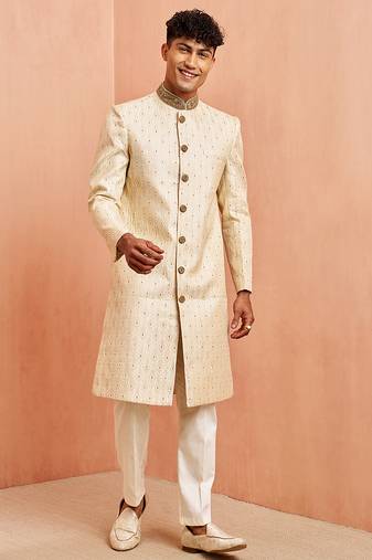 Cream maroon jacquard sherwani set - cutdana embroidery wedding traditional wear