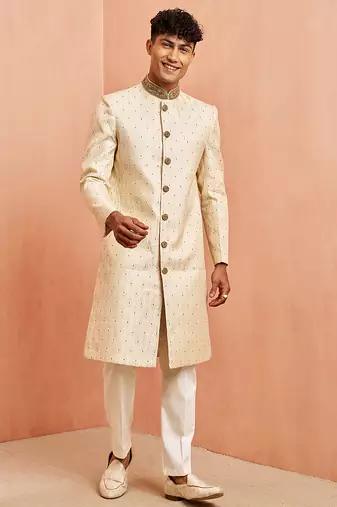 Cream maroon jacquard sherwani set - cutdana embroidery wedding traditional wear